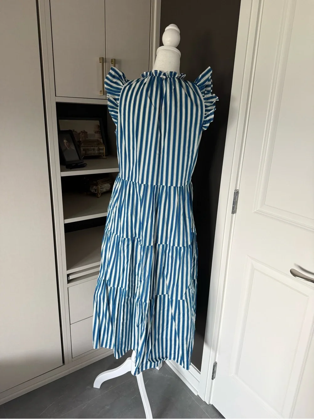 J. Crew Blue and White Striped Tiered Maxi Dress with Ruffle Sleeves